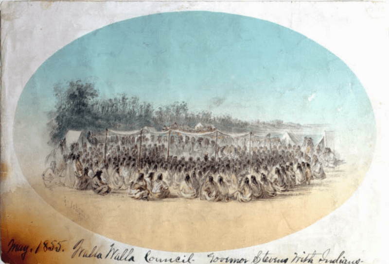 Historic Drawing of the Walla Walla Council (1855) meeting in the Pacific Northwest between the United States and sovereign tribal nations of the Cayuse, Nez Perce, Umatilla, Walla Walla, and Yakama.