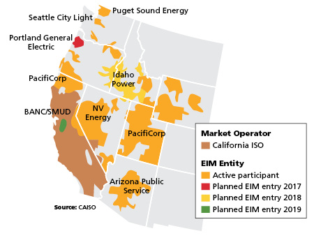 Map: Entities of the Western Energy Imbalance Market. Credit: California Independent System Operator/OATI.
