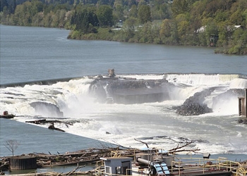 An aerial photo of the Willamette Falls, by water volume, is the second largest natural falls in the continental US.