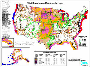 Map: USA Wind resources and related major transmission lines.