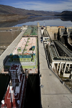 (Ross William Hamilton) A tugboat, foreground, pushed three barges into the navigation lock of the John Day Dam, where the frontmost pair later hit the upstream gate. The double-wide, double-hulled barge in the center is filled with diesel fuel.