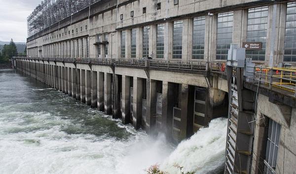 The first powerhouse of the Bonneville Dam, 40 miles east of Portland, on the Columbia River.
