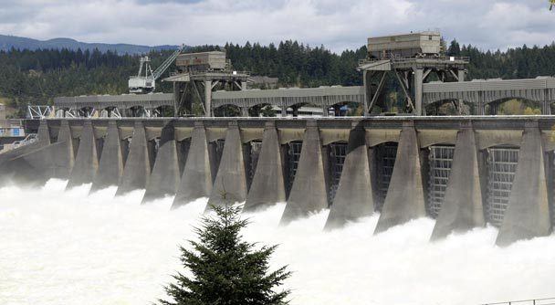 (Rick Bowmer) Water pours through Bonneville Dam on the Columbia River earlier this month.