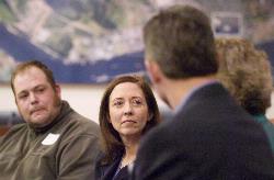 U.S. Sen. Maria Cantwell, D-Wash., meets with local business and labor representatives to promote 'green-collar' jobs. Cager Clabaugh, with the International Longshore & Warehouse Union Local 4, is seated at left.