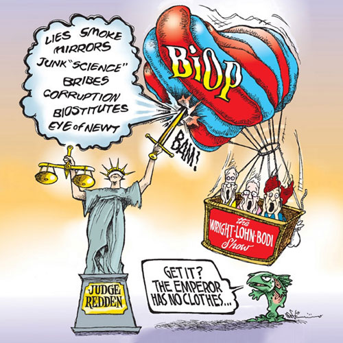 Cartoon: Justice deflates the BiOp balloon holding the Wright Lohn Bodi show