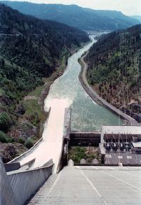 View from Dworshak dam spillway some 717 feet above the Clearwater river below.