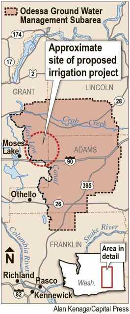(Alan Kenaga map) A proposal to build an irrigation system for 14,500 acres in the Odessa Subarea is taking its case to the Legislature but facing stiff opposition.