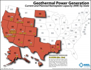 This map from the National Renewable Energy Laboratory shows states that have developed or are developing geothermal power.