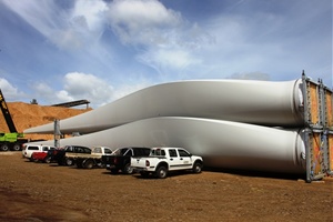 Rows of massive wind turbine blades destined for the Macarthur wind farm are stacked neatly after arriving in Portland from Denmark.