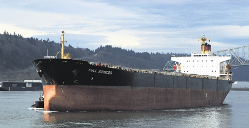 The ship Full Sources out of Hong Kong arrives at the EGT grain terminal Tuesday, Feb. 7, at the Port of Longview, Wash. The ship will carry 57,000 metric tons of Washington-grown wheat to South Korea.
