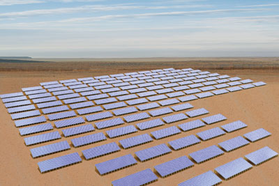 A solar farm harvests photoelectricity in a desert climate.
