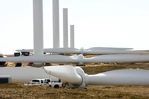 Wind-turbine props await attachment at Portland General Electric's Biglow Canyon site in Sherman County, Ore., 140 miles east of Portland.
