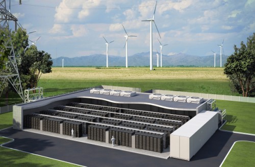 Artist rendition of advanced  an 11MW lithium ion grid battery system (GBS) for the Auwahi Wind project in Maui, Hawaii.