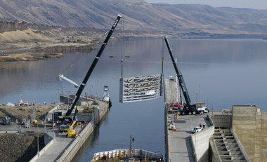 (Brent Wojahn) A vertical lift lock gate was repaired at the John Day Dam on the Columbia River in October 2008. The Army Corps of Engineers plans to replace locks at three dams on the Columbia River beginning in December.