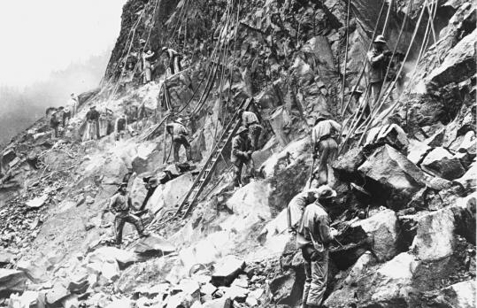 Men worked on the Bonneville Dam in Oregon in 1935. An army of 17,000 workers toiled to ensure an abundant supply of cheap electricity. (Oregon Historical Society)