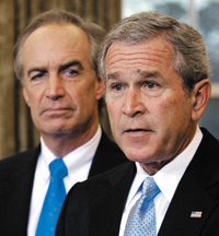 (AP:Evan Vucci) President Bush announces Idaho Gov. Dirk Kempthorne, left, as the new Secretary of the Interior in the Oval Office on March 16 in Washington.