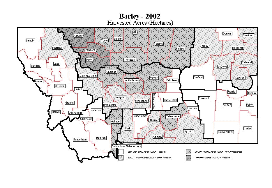 Harvested barley acres by county