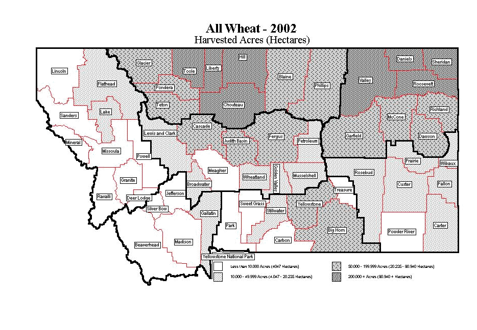 Harvested wheat acres by county