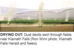 (Ron Winn) Dust devils swirl through fields near Klamath Falls.
