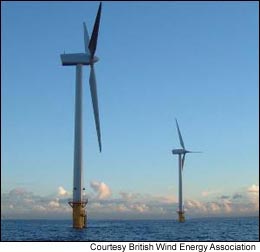 Two wind turbines in the UK's Blyth Offshore Wind Project.