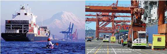 Kayaker paddles near container ship with Mount Rainier in the distance