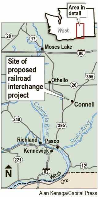 (Alan Kenaga map) Rail interchange improvements, north of the Lower Snake River in Connell, Washington, are being proposed and under study.