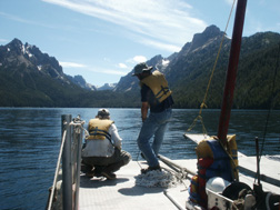 Researchers on Redfish Lake in process of taking sample. (Photo by Jason Addison provided by Mark Shapley)