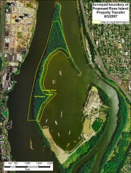 (Portland Parks) This map shows the portion of Ross Island now owned by the City of Portland that you may view  but not touch.