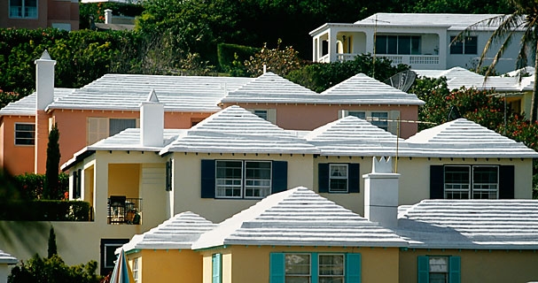 (NEWSCOM) White roofs in Bermuda. The roofs are made from limestone and are built specifically to catch rainwater which is then used for drinking water.