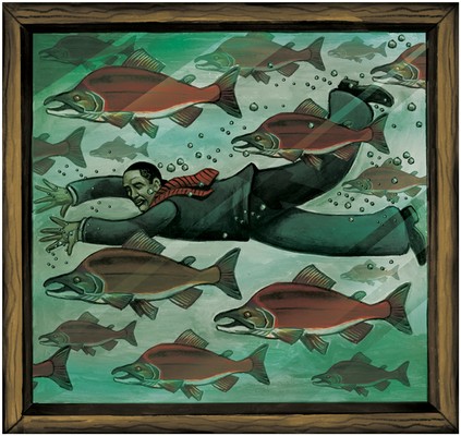 President Barack Obama swims with salmon by Paul Lachin for High Country News