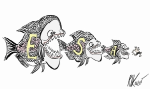 (Rick Dalvit cartoon) Big fish eats medium fish, medium fish eats small fish, small fish eats running man.