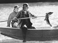 (Associated Press)Angela Foster and Jerry LeDent, technicians with the Washington Department of Fish and Wildlife, haul a salmon from the Skagit River this week.