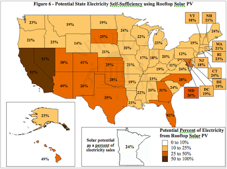 USA Map: Solar potential as a percentage of electricity sales