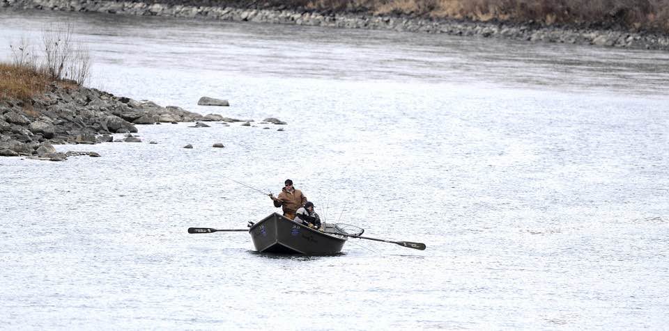  a group of steelhead fishermen have the Clearwater River to themselves, as the make their way down river in Lewiston, Idaho. Fisheries managers should shut down steelhead fishing in the Columbia and Snake river basins to protect a wild run that returns to Idaho's Clearwater River, according to a conservation group. The Conservation Angler said on Saturday, March 3, 2018, that even catch-and-release regulations threaten the survival of B-run steelhead. (Steve Hanks/Lewiston Tribune via AP)