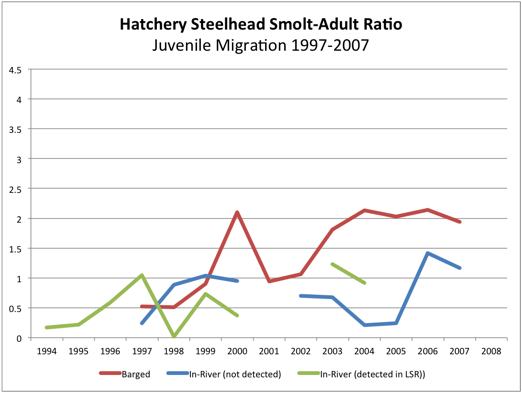 Graphic: Steelhead hatchery smolt-to-adult ratio, barged and in-river, 1997-2007