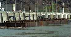 A $10 million surface collector at Lower Granite Dam on the Snake River of southeastern Washington is seen in this 1996 file photo.