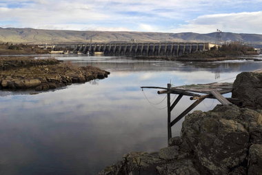 A fishing platform just below The Dalles Dam on the Columbia River. Click Image for full size image.