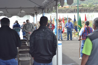 (Conor Ross photo) Tribal fishers join federal agencies in Dallesport, Wash. to dedicate final in-lieu of fishing site.
