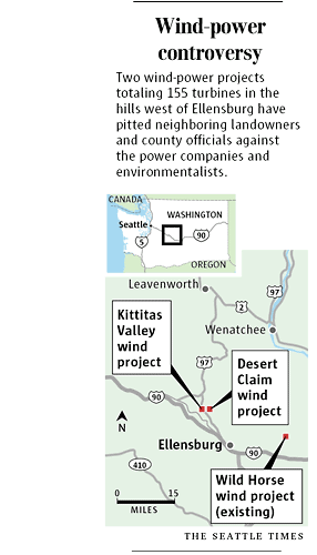 (ERIKA SCHULTZ) The Wild Horse wind project east of Ellensburg has been well received, but unlike two planned wind farms, its turbines are not near homes.